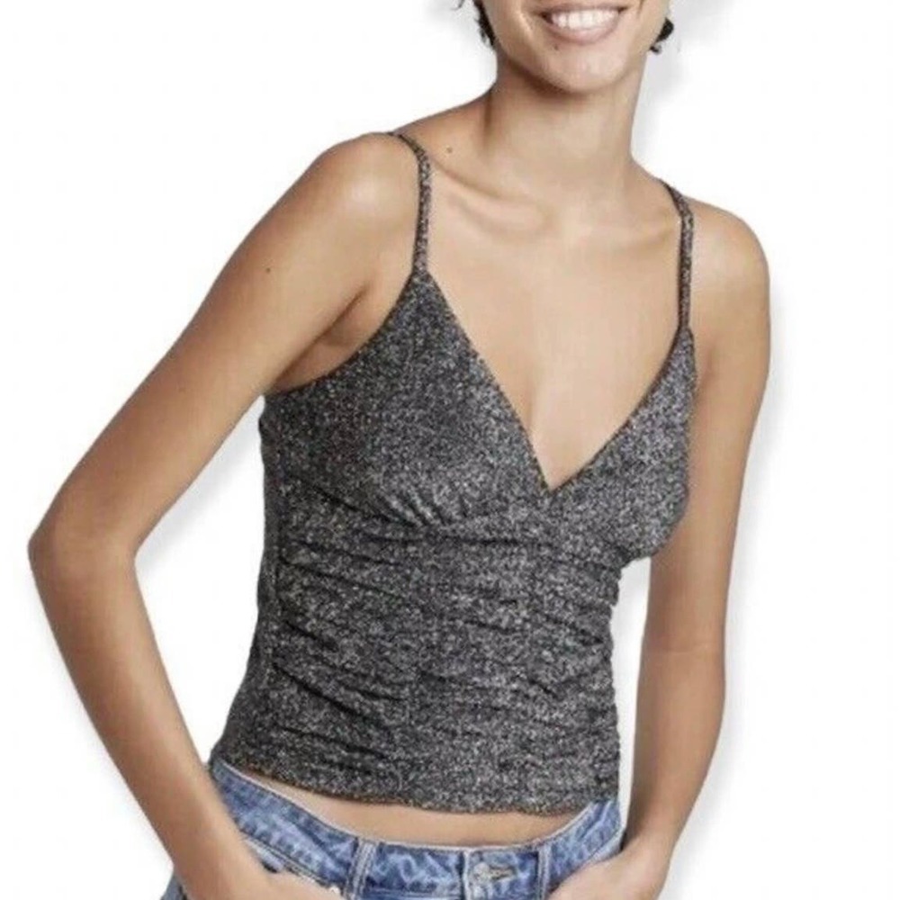 Wild Fable Top Womens Medium Black Leopard Print Shiny Spaghetti Strap Y2K Fairy